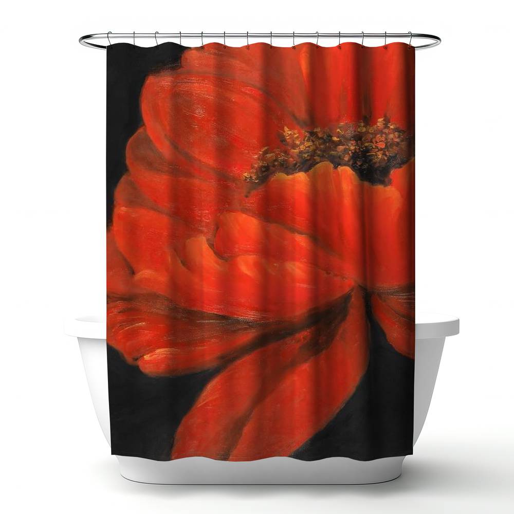 4240-7174-FL190 71 x 74 in. Red Petal Flower Black Floral Shower Curtain - Home Decor