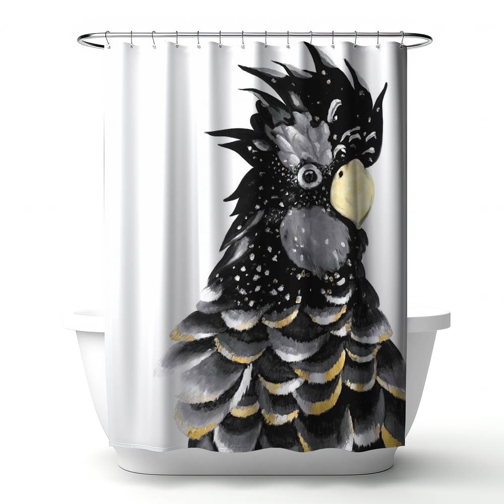 4240-7174-AN240-1 71 x 74 in. Black Exotic Red-Tailed Cockatoo Parrot Shower Curtain Decor