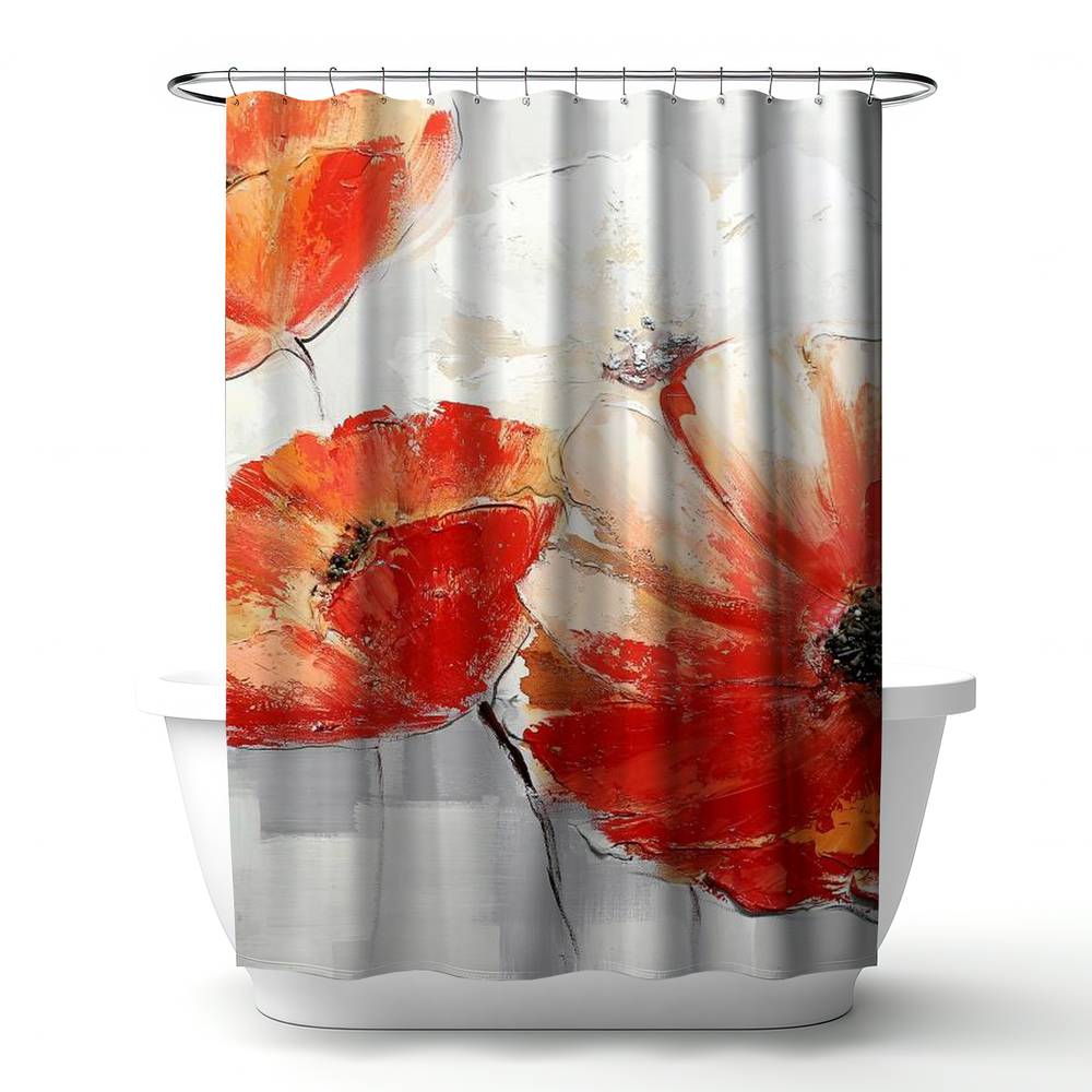 4240-7174-FL55-CR 71 x 74 in. Abstract Red Wild Flowers Shower Curtain - Floral Home Decor