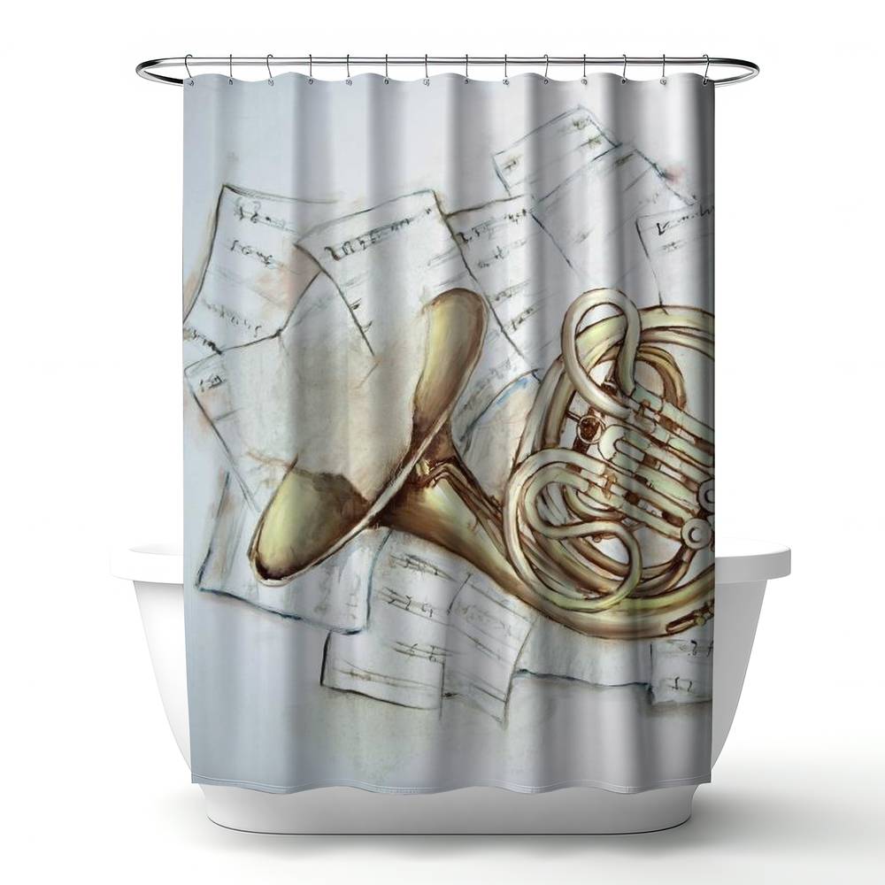 4240-7174-MU43 71 x 74 in. Horn on Music Sheet Shower Curtain - White Bedroom Decor