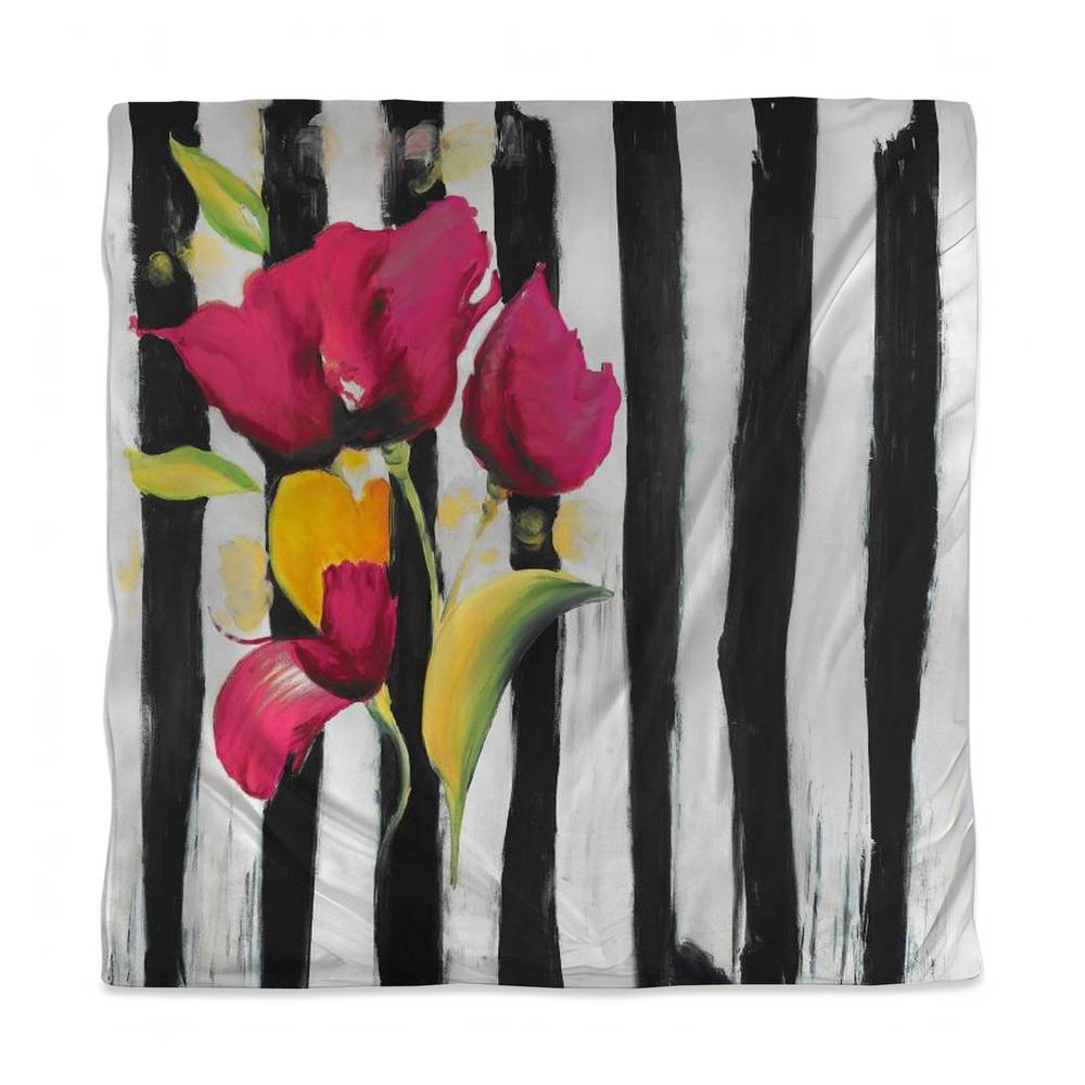 3817-SWCQ-FL112-1 Pink Floral Queen Size Duvet Cover - Black Stripes & White Background