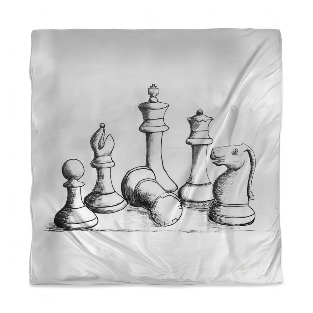 3817-SWCQ-SP62 Chess Game Pieces Queen Size Duvet Cover - Black & White Man Cave Decor