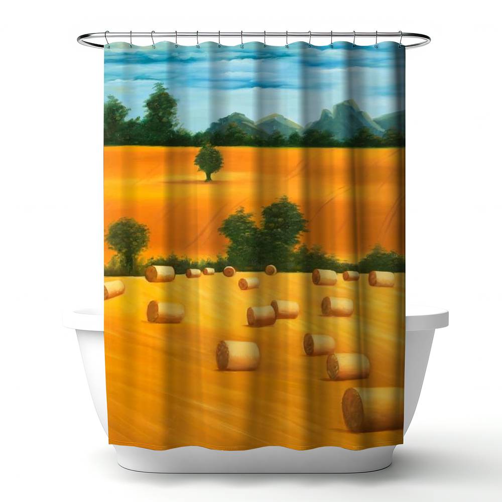4240-7174-LA104 71 x 74 in. Hay Bale Fields Shower Curtain - Rustic Blue Trees Home Decor