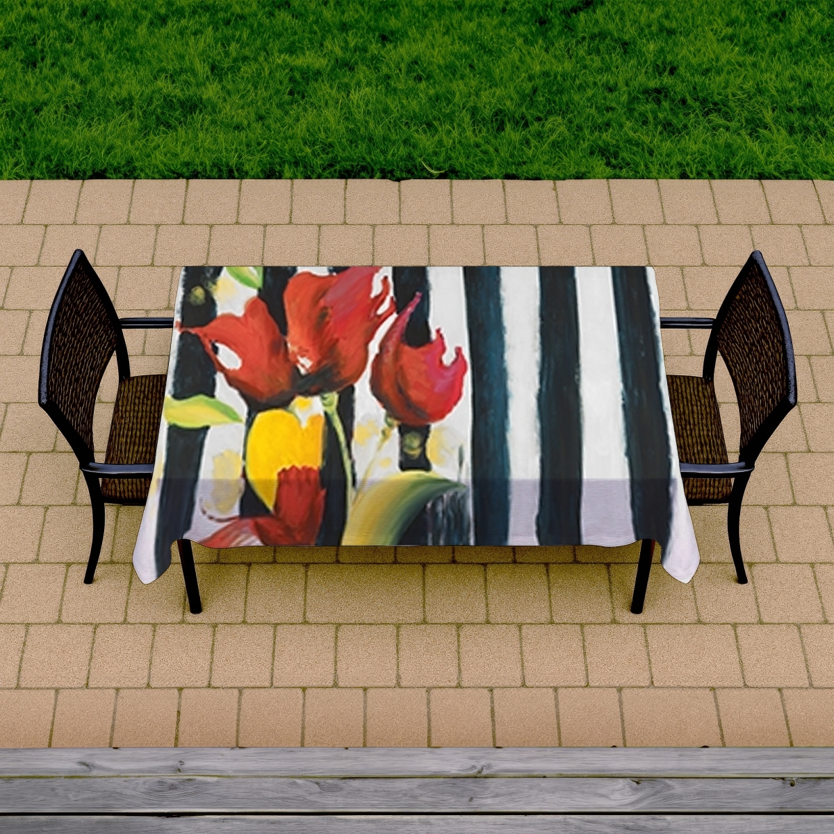 Picture of Begin Home Decor C1TCLRGEZ2KA6U 58 x 102 in. Blue Bedroom Tablecloth - Red Flowers on Stripes - Home Decor