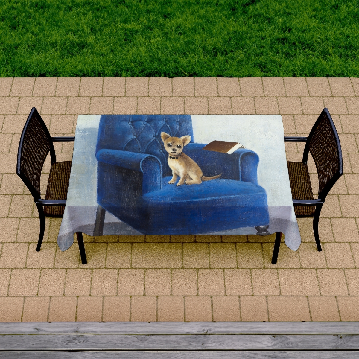 Picture of Begin Home Decor C1TCLRGEWRWGJ1 58 x 102 in. Chihuahua on Blue Armchair Tablecloth - Indoor & Outdoor Decor