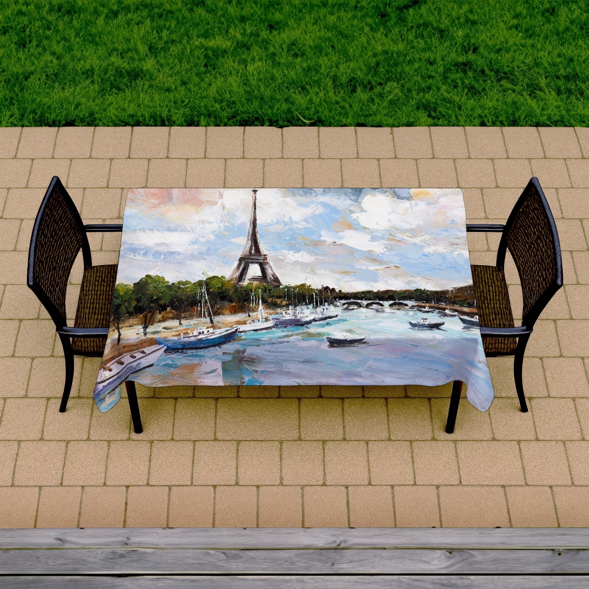 C1TCLRGEDGKDZV 58 x 102 in. Coastal Blue Tablecloth - Boats on the Seine - Indoor & Outdoor Decor