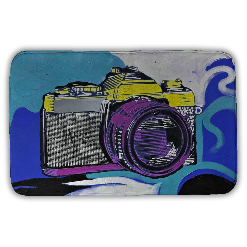 5930-2134-MU1 21 x 34 in. Retro Pop Art Blue Bath Mat - Retro Camera Home Decor