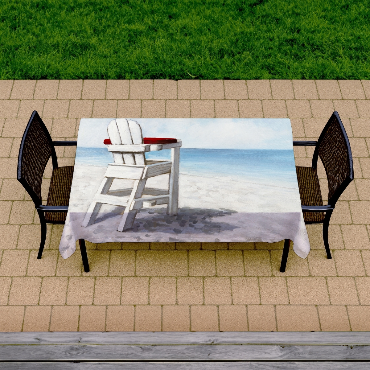 Picture of Begin Home Decor C1TCLRGEVFHAFX 58 x 102 in. White Beach Chair Tablecloth - Coastal Blue Sea Decor