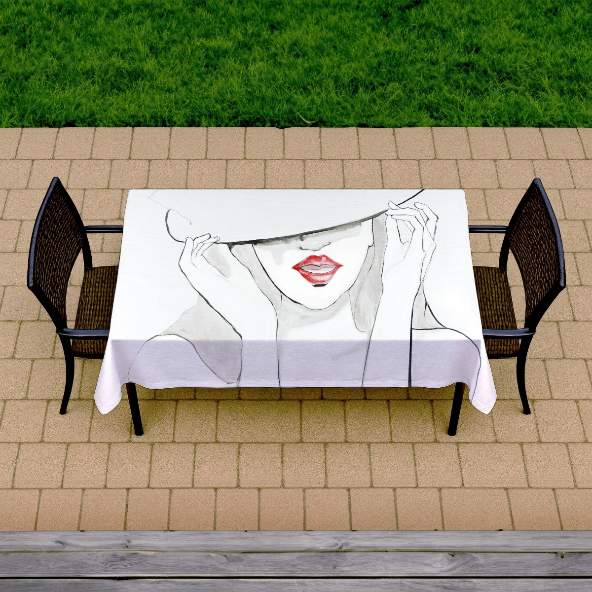 Picture of Begin Home Decor C1TCLRGEZZHN7T 58 x 102 in. Gray Fashion Tablecloth - Woman with Big Hat - Indoor & Outdoor