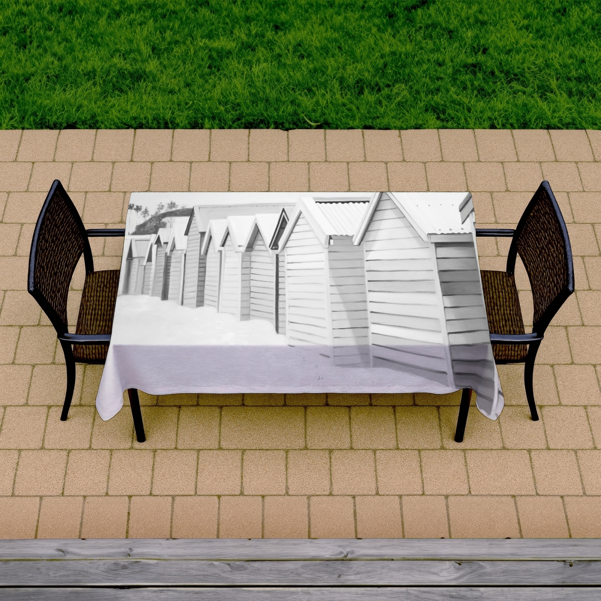 Picture of Begin Home Decor C1TCLRGEW43FPV 58 x 102 in. Coastal Sea White Tablecloth - Beach Cabins for Home Decor