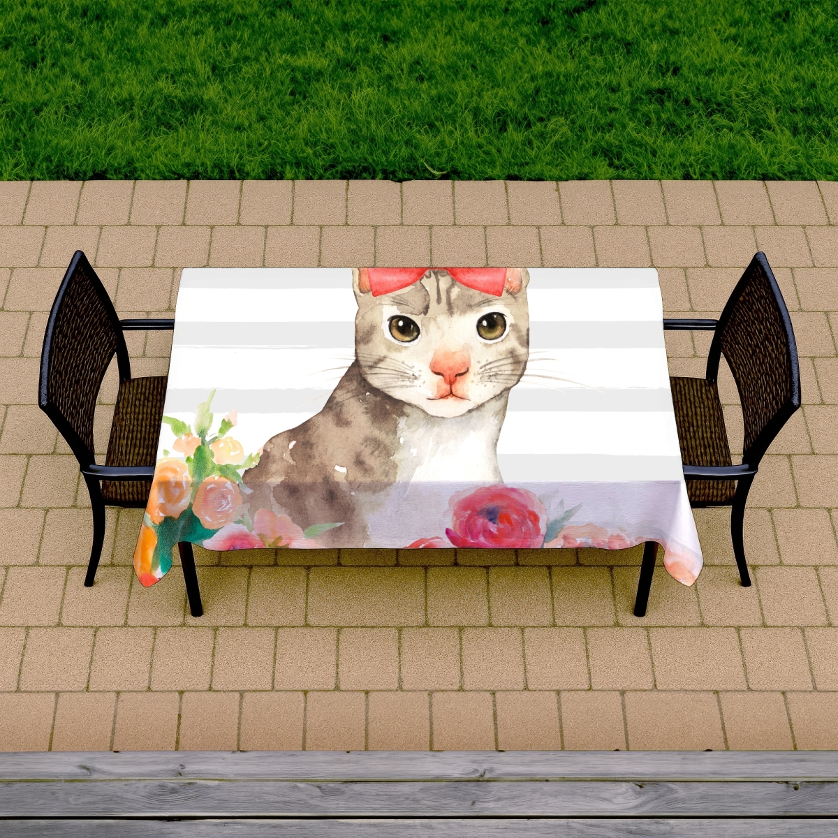 Picture of Begin Home Decor C1TCLRGEP3Y9NE 58 x 102 in. Small Cat with Flowers Tablecloth - Gray Pets Decor - Indoor & Outdoor
