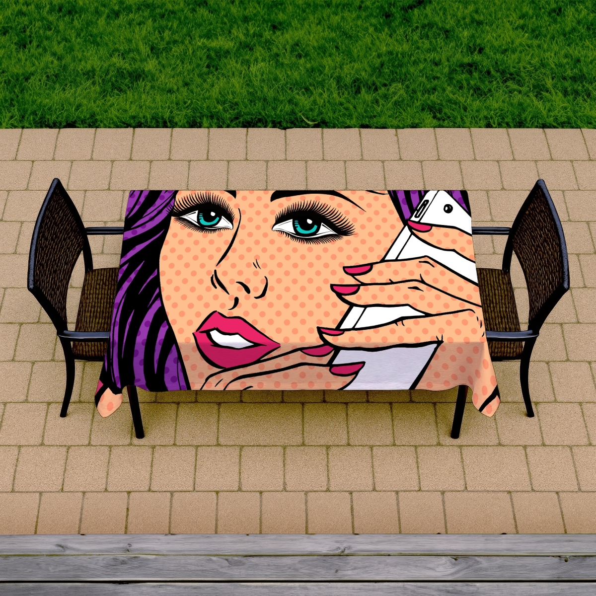 Picture of Begin Home Decor C1TCLRGET2BLDO 58 x 102 in. Pattern Purple Retro Tablecloth - Pop Art Style Lady on Phone