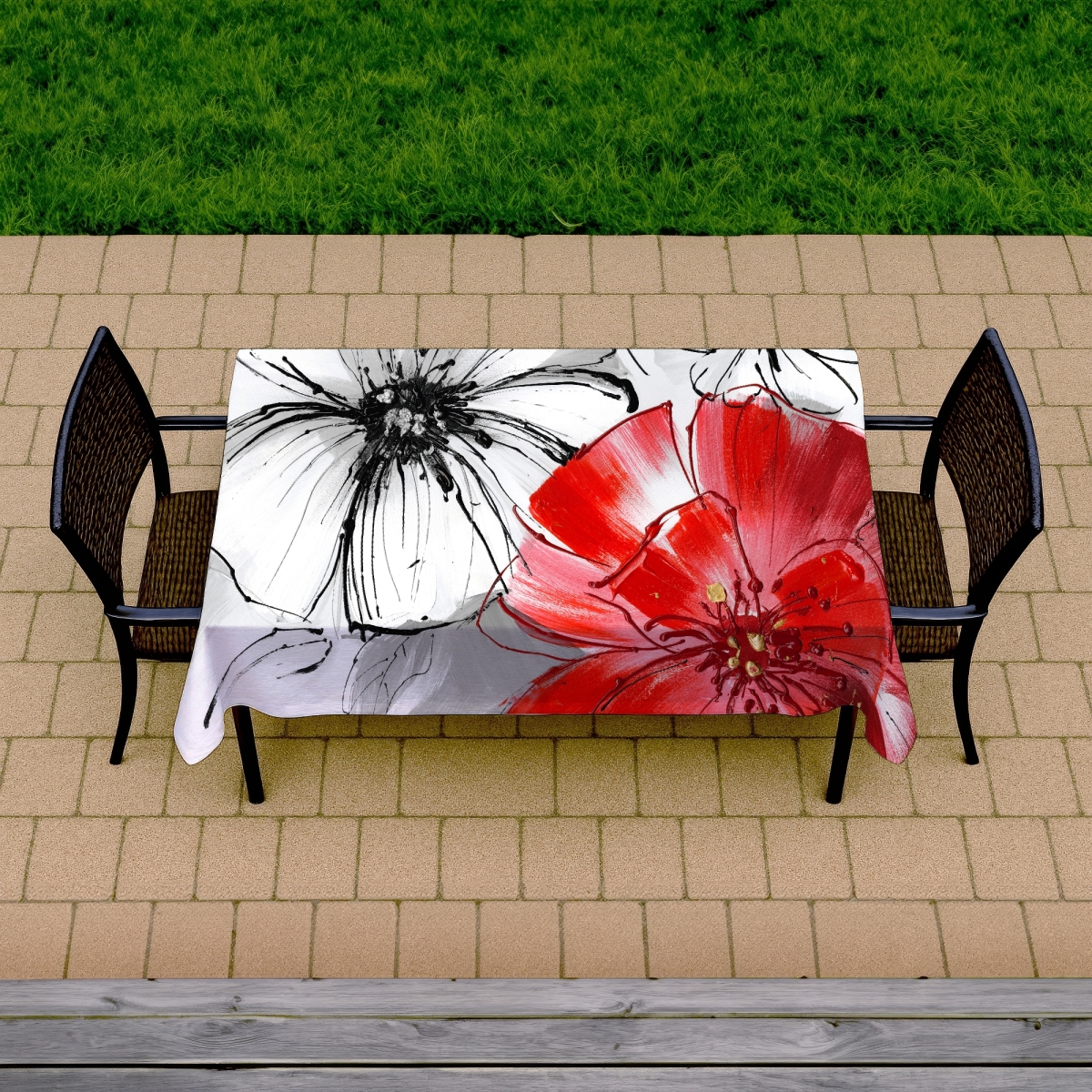 Picture of Begin Home Decor C1TCLRGESVKEAD 58 x 102 in. White Floral Botanical Tablecloth - Red & White Flowers Sketch