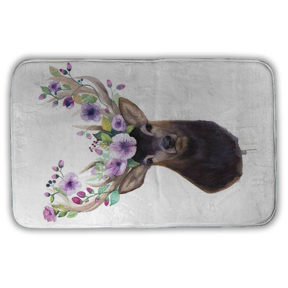 5930-3421-AN389 21 x 34 in. Romantic Animals Brown Bath Mat - Roe Deer Head with Flowers