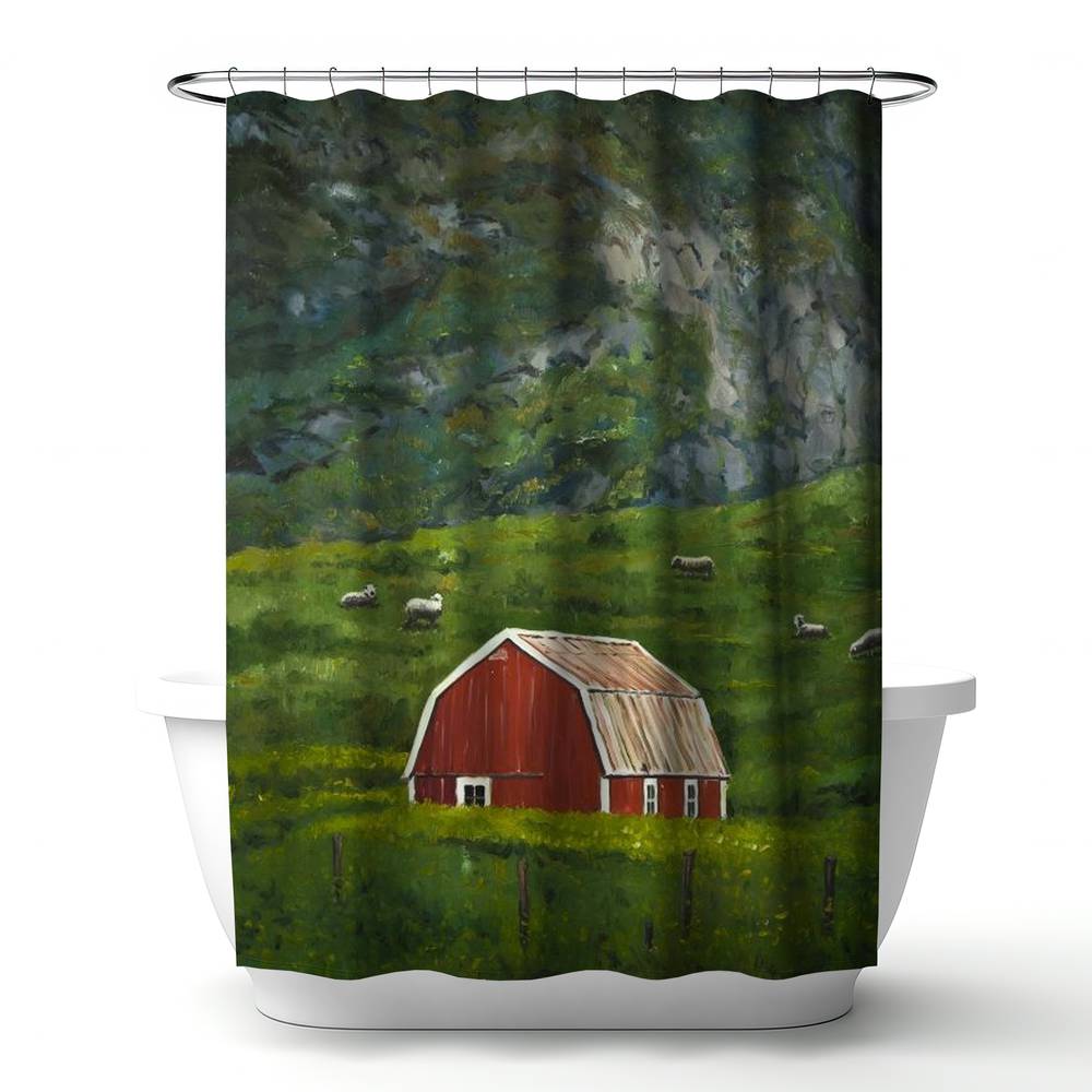 4240-7174-LA183 71 x 74 in. Red Farm Animals Rustic Shower Curtain - Life in the Countryside