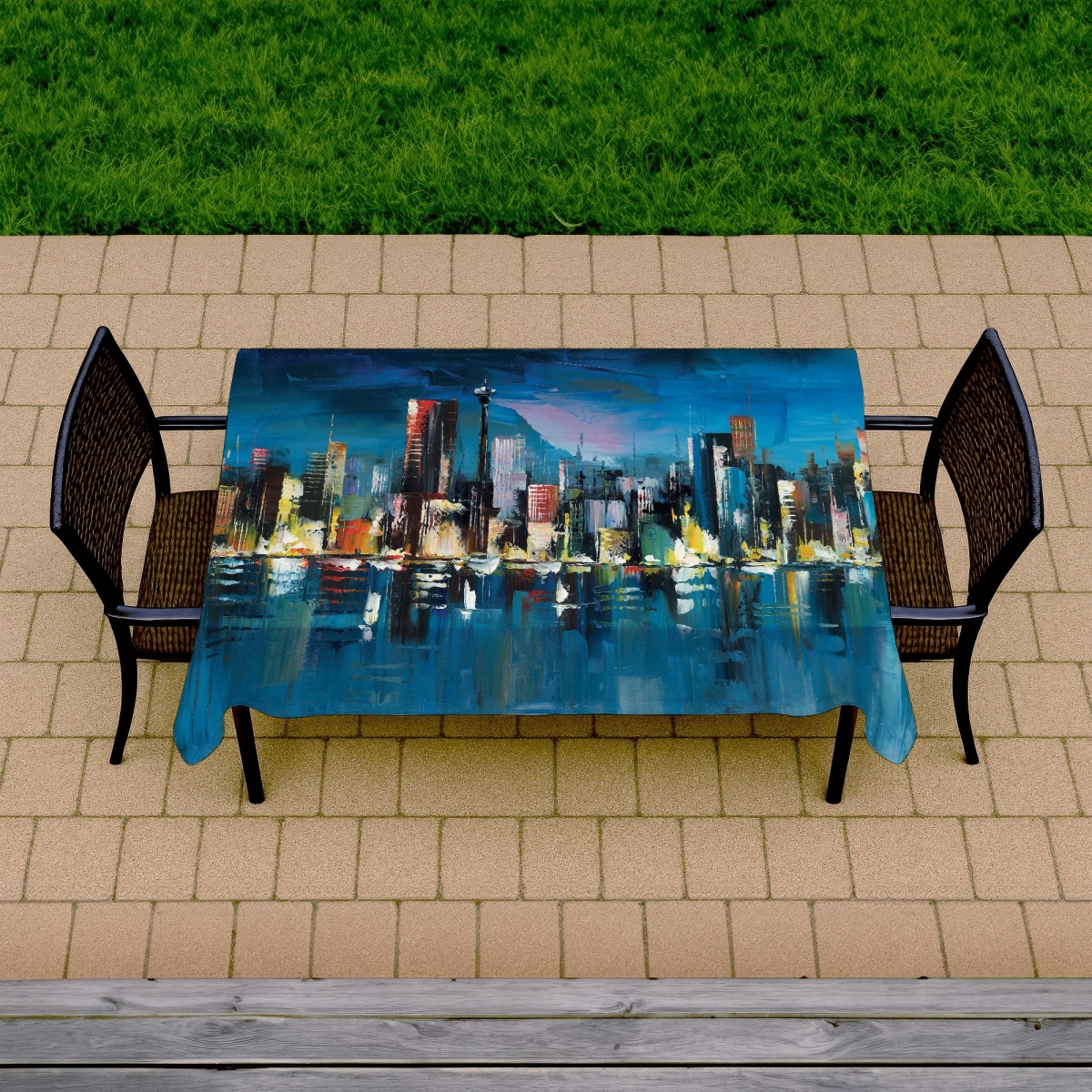 Picture of Begin Home Decor C1TCLRGEW0ER72 58 x 102 in. Abstract Blue Cityscape Tablecloth - Indoor & Outdoor Home Decor