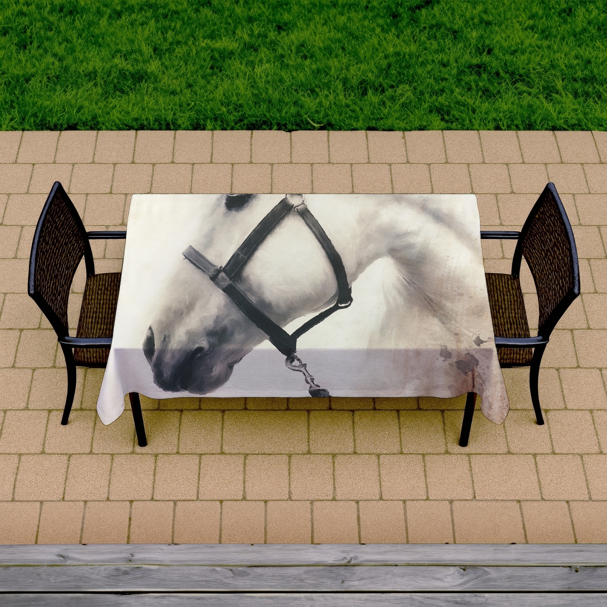 Picture of Begin Home Decor C1TCLRGEVVFEKY 58 x 102 in. Darius the White Horse Tablecloth - Western Farm Decor
