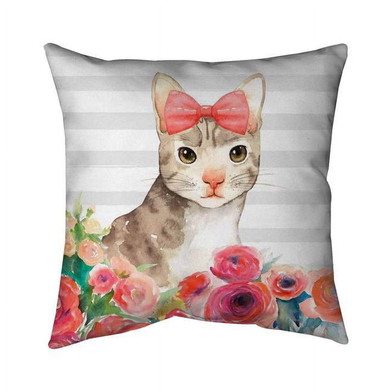18 x 18 in. Small Cat with Flowers-Double Sided Print Indoor Pillow