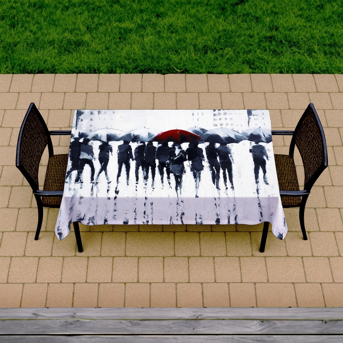 Picture of Begin Home Decor C1TCLRGEU7NVPZ 58 x 102 in. Modern Blue Tablecloth - Silhouettes Walking in the Rain