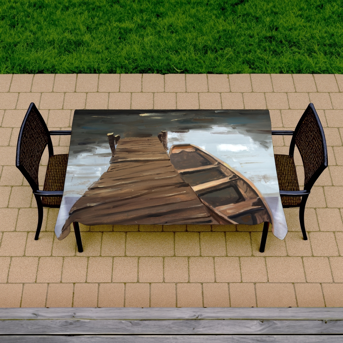 Picture of Begin Home Decor C1TCLRGE3FGD1I 58 x 102 in. Lake, Dock & Boat Tablecloth - Indoor & Outdoor Home Decor