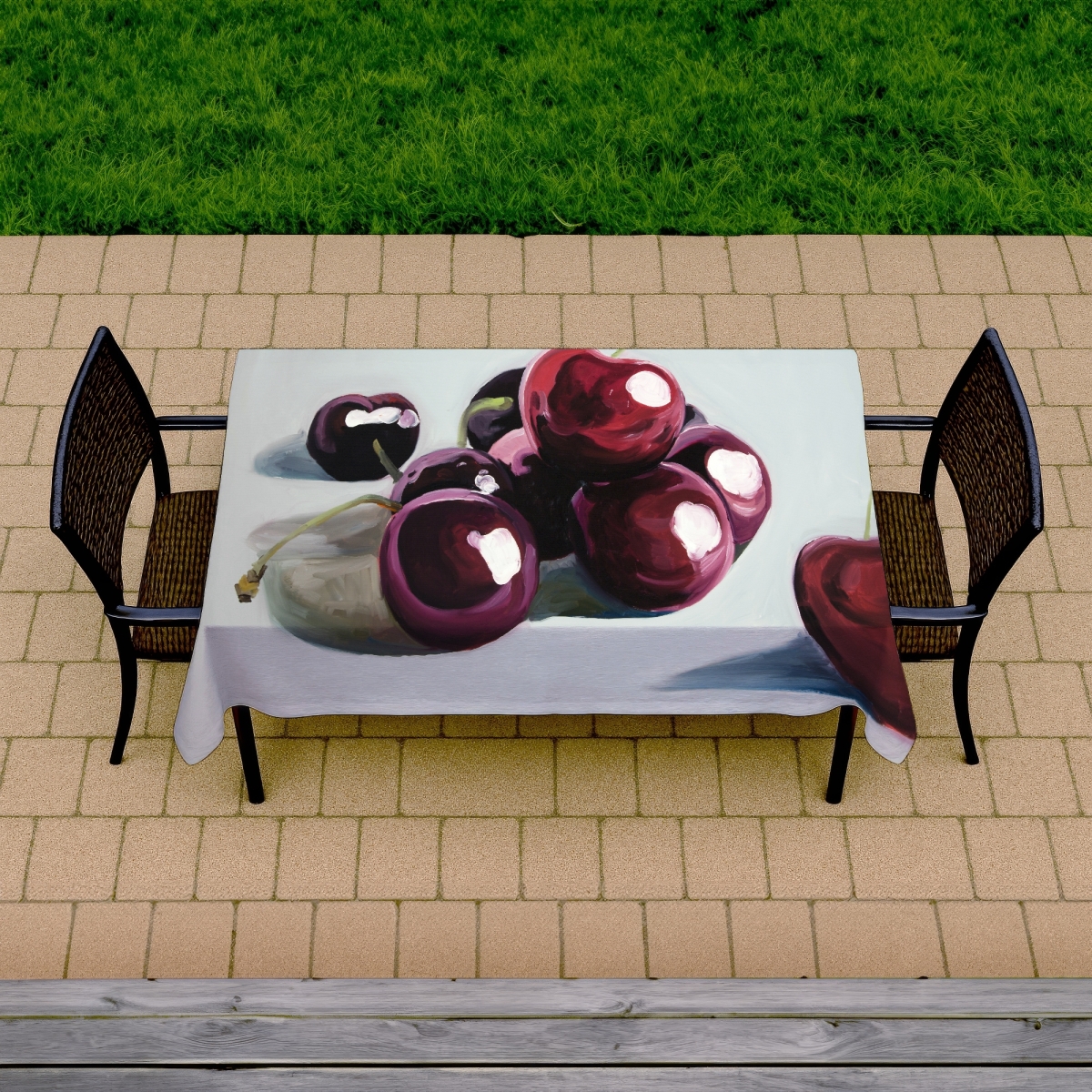 Picture of Begin Home Decor C1TCLRGEOMPT1Q 58 x 102 in. Romantic White Tablecloth - Glossy Dark Cherries Design