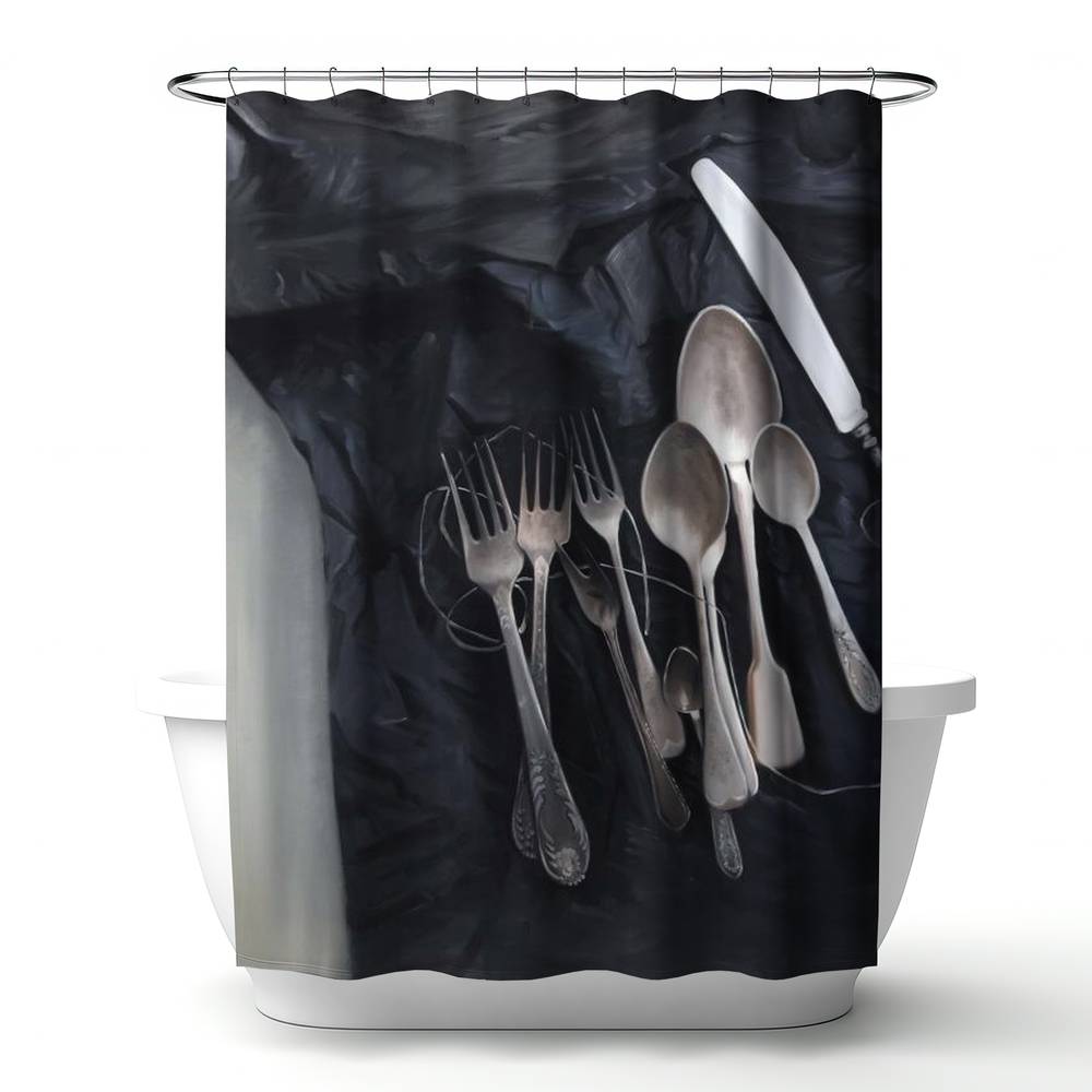 4240-7174-SL27 71 x 74 in. Vintage Cutlery Shower Curtain - Gray Still Life Kitchen Decor
