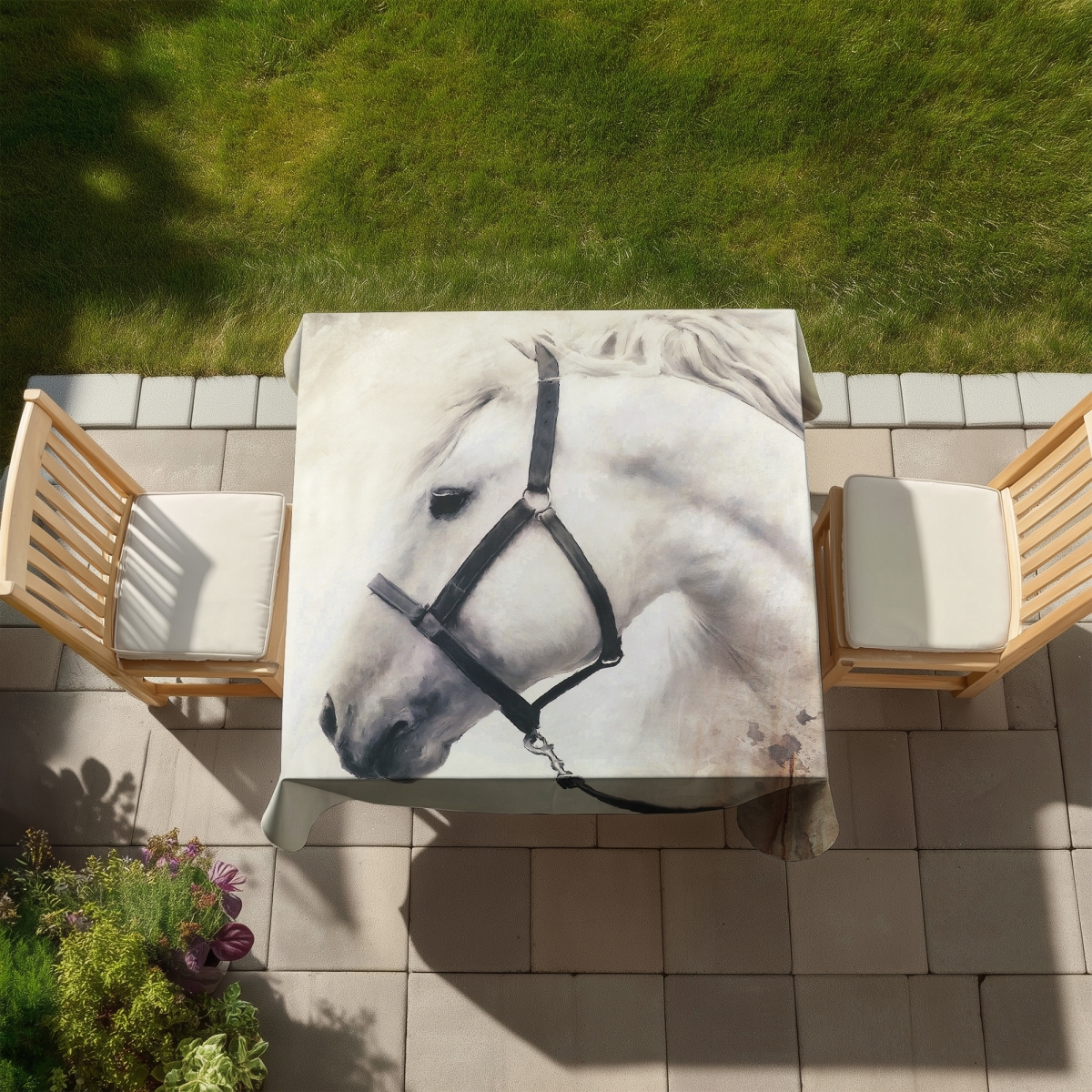 Picture of Begin Home Decor C1TC5858HG95ZG 58 x 58 in. Darius the White Horse Tablecloth - Stylish Indoor Outdoor Decor