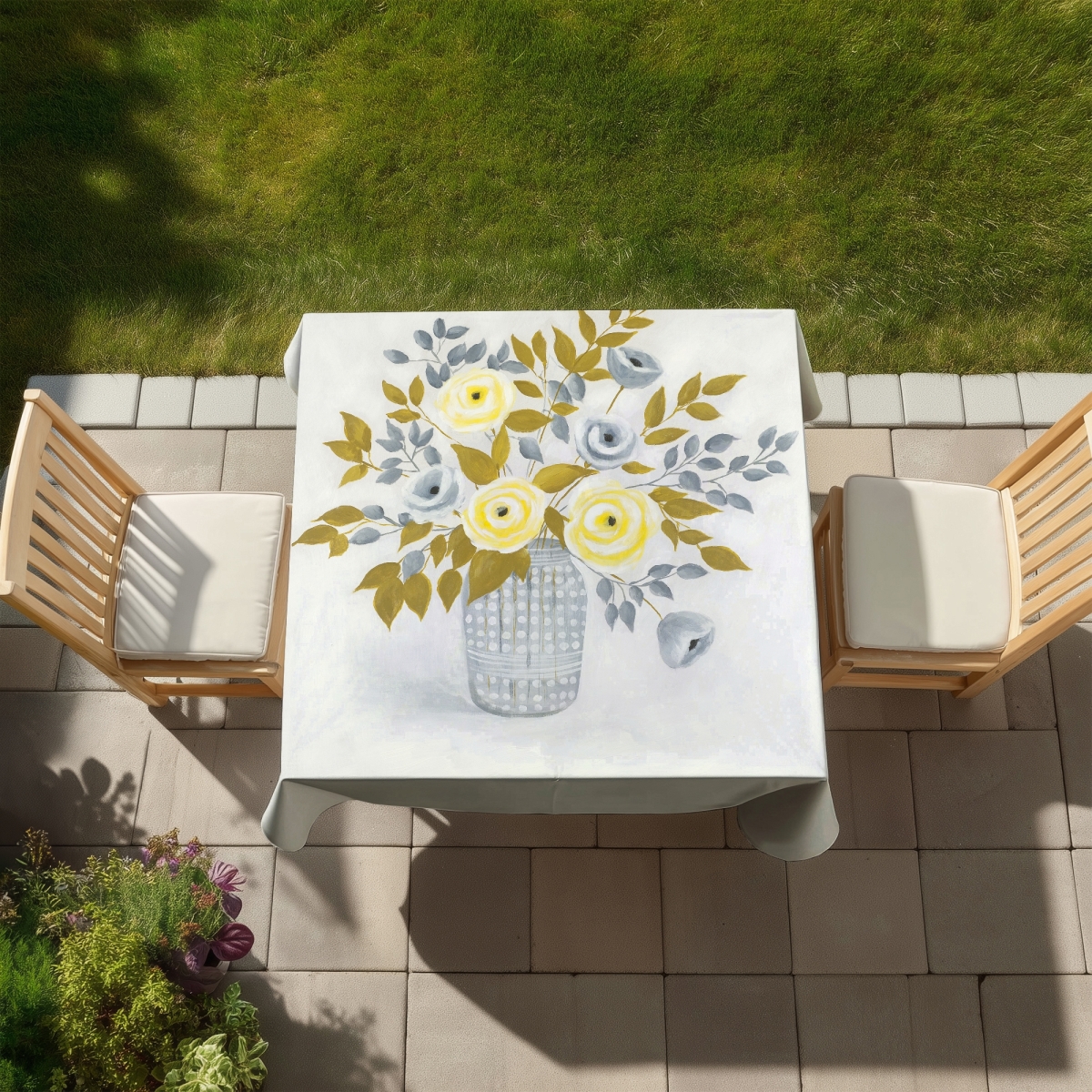 Picture of Begin Home Decor C1TC5858E4O0IA 58 x 58 in. Botanical Gray Tablecloth - Flowers in A Vase - Indoor & Outdoor