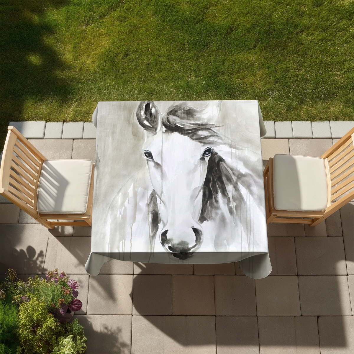 Picture of Begin Home Decor C1TC5858Z1WHFM 58 x 58 in. Minimalist Farm Animals Tablecloth - Beautiful Abstract Horse