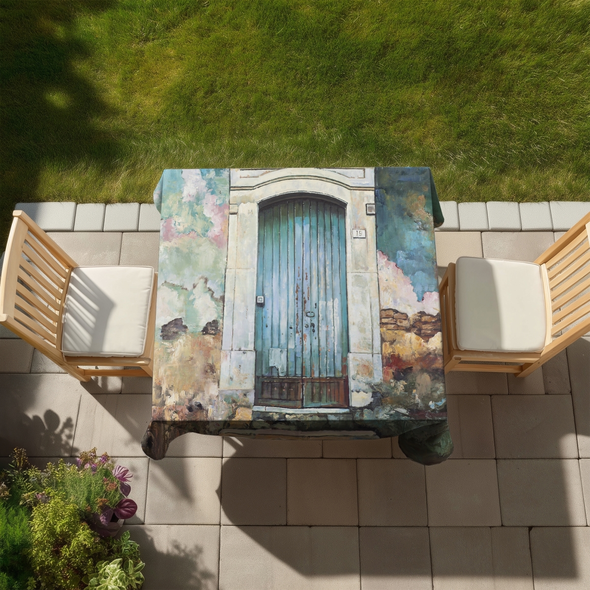 C1TC5858ZQ9YYA 58 x 58 in. Blue Door Still Life Tablecloth - Indoor & Outdoor Home Decor