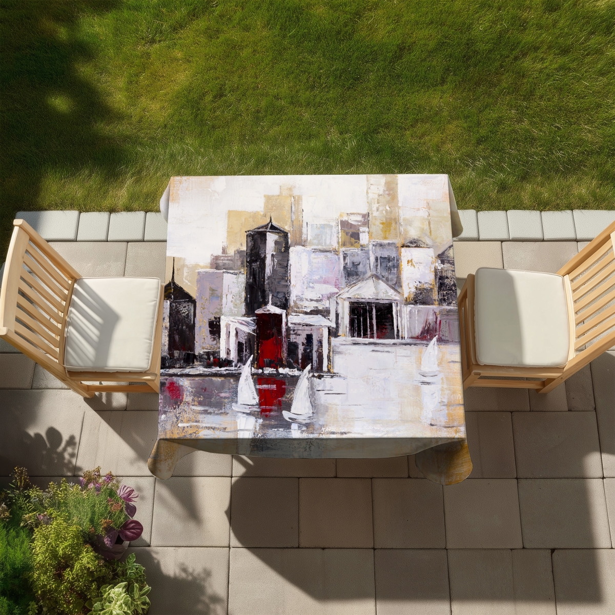 Picture of Begin Home Decor C1TC5858K9CSGM 58 x 58 in. Industrial Cities Gray Tablecloth - Three Sailboats Design
