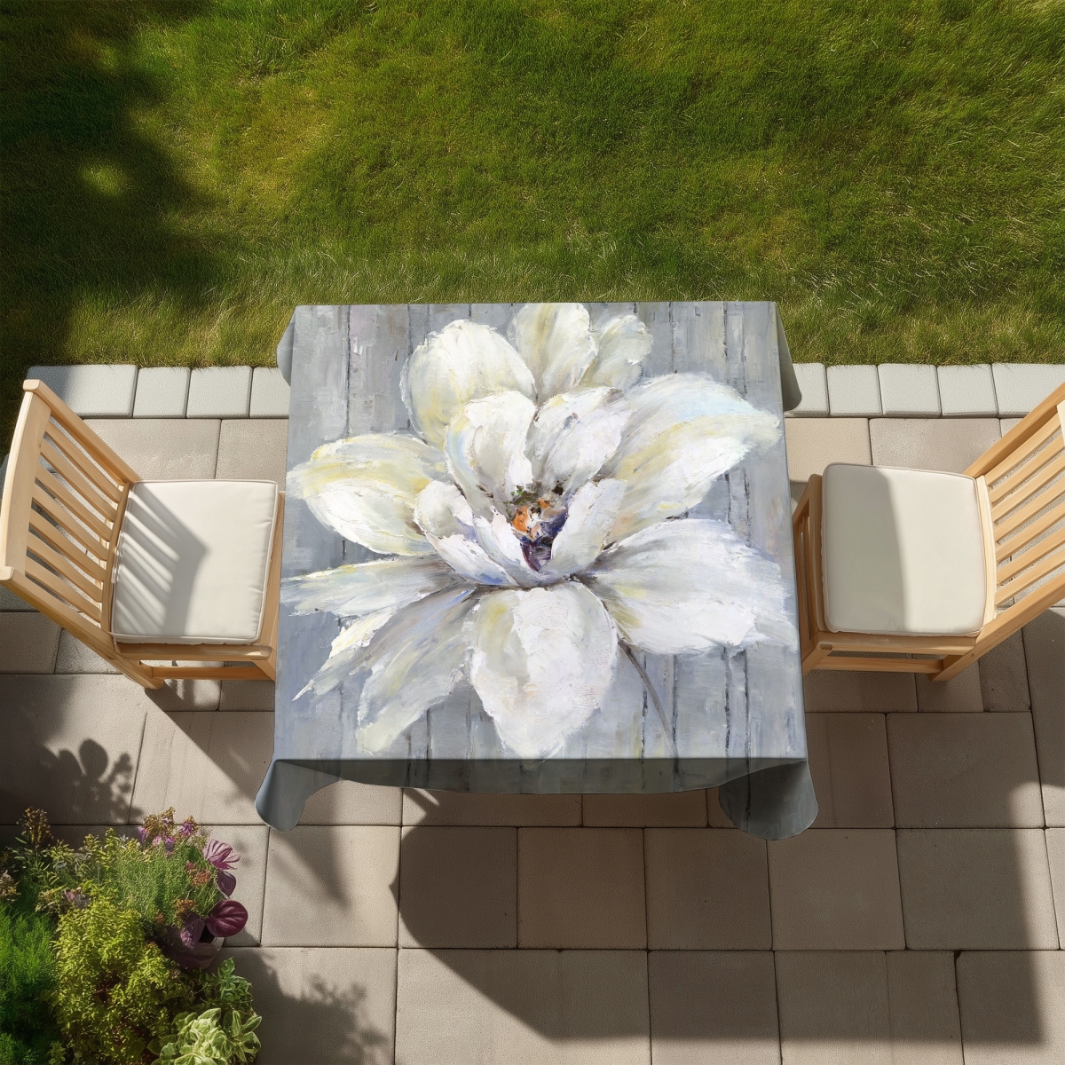 Picture of Begin Home Decor C1TC585818OM3H 58 x 58 in. White Flower on Wood Tablecloth - Indoor & Outdoor Home Decor