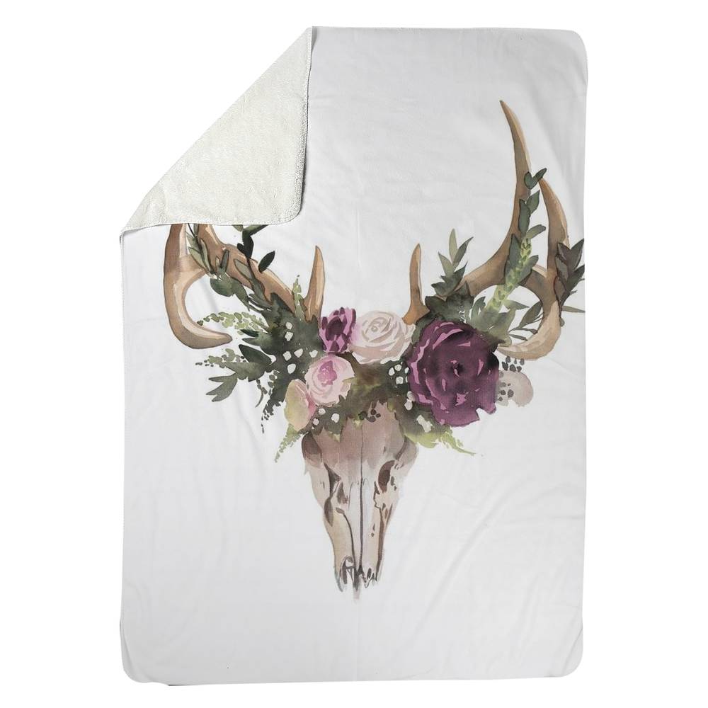 5545-8060-AN404 60 x 80 in. Deer Brown Sherpa Fleece Blanket - Deer Skull with Flowers