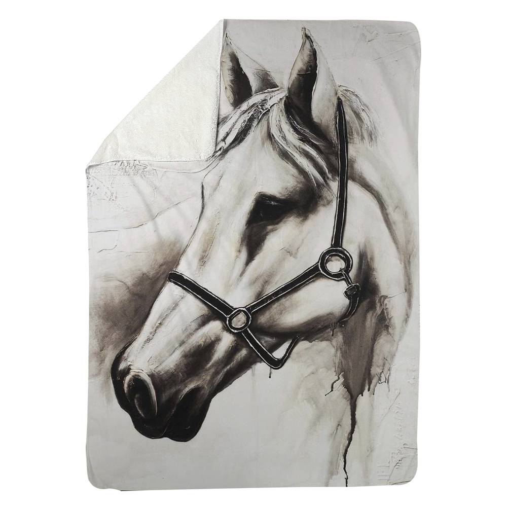 5545-8060-AN70 60 x 80 in. Flicka the White Horse Sherpa Fleece Blanket - Farm Decor