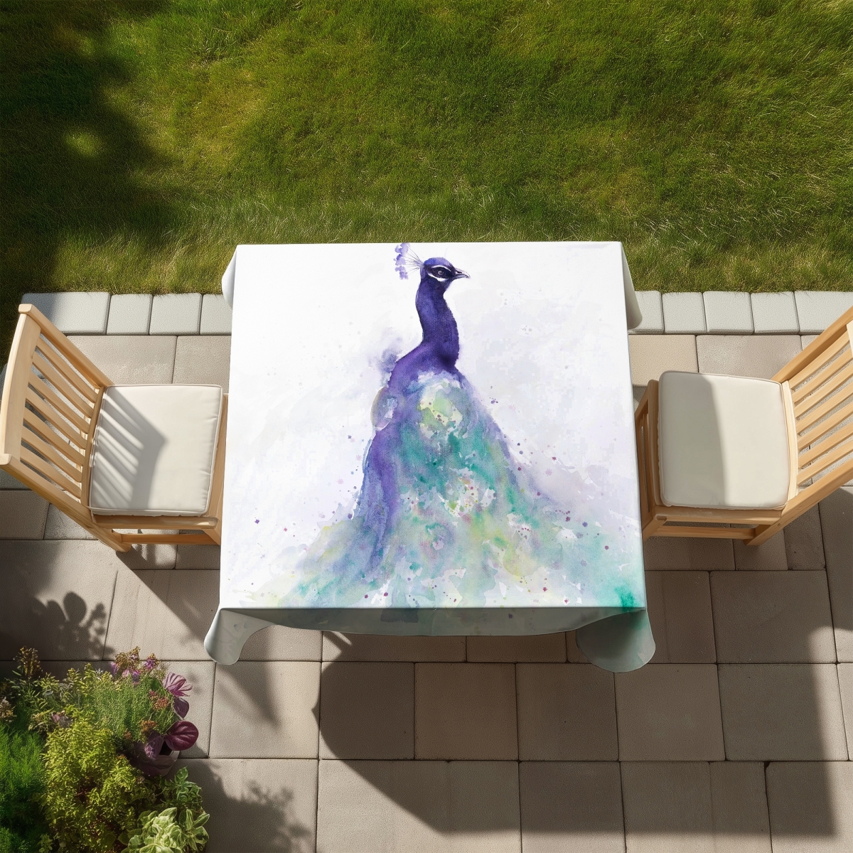 Picture of Begin Home Decor C1TC5858JUBC70 58 x 58 in. Romantic Peacock Tablecloth - Watercolor Decor - Indoor & Outdoor