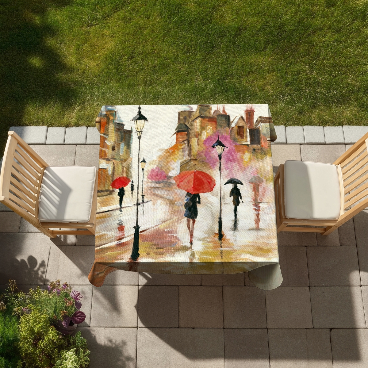 Picture of Begin Home Decor C1TC5858WZZ3N5 58 x 58 in. Red Indoor & Outdoor Tablecloth - Passersby Under Umbrellas Decor