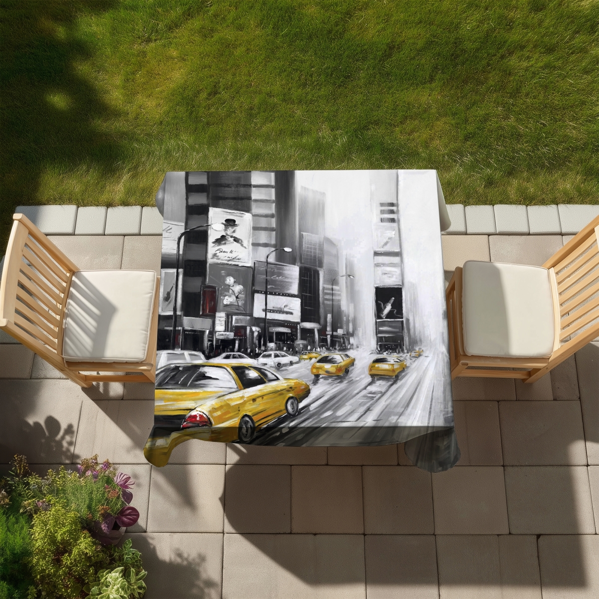 Picture of Begin Home Decor C1TC5858J77N1X 58 x 58 in. Times Square Yellow Taxis Tablecloth - Gray Indoor & Outdoor Decor
