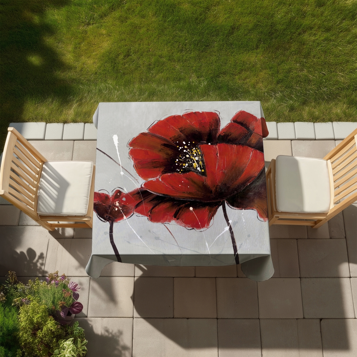 Picture of Begin Home Decor C1TC5858EQ8RMK 58 x 58 in. Gray Botanical Tablecloth - Red Poppy Flowers Indoor & Outdoor