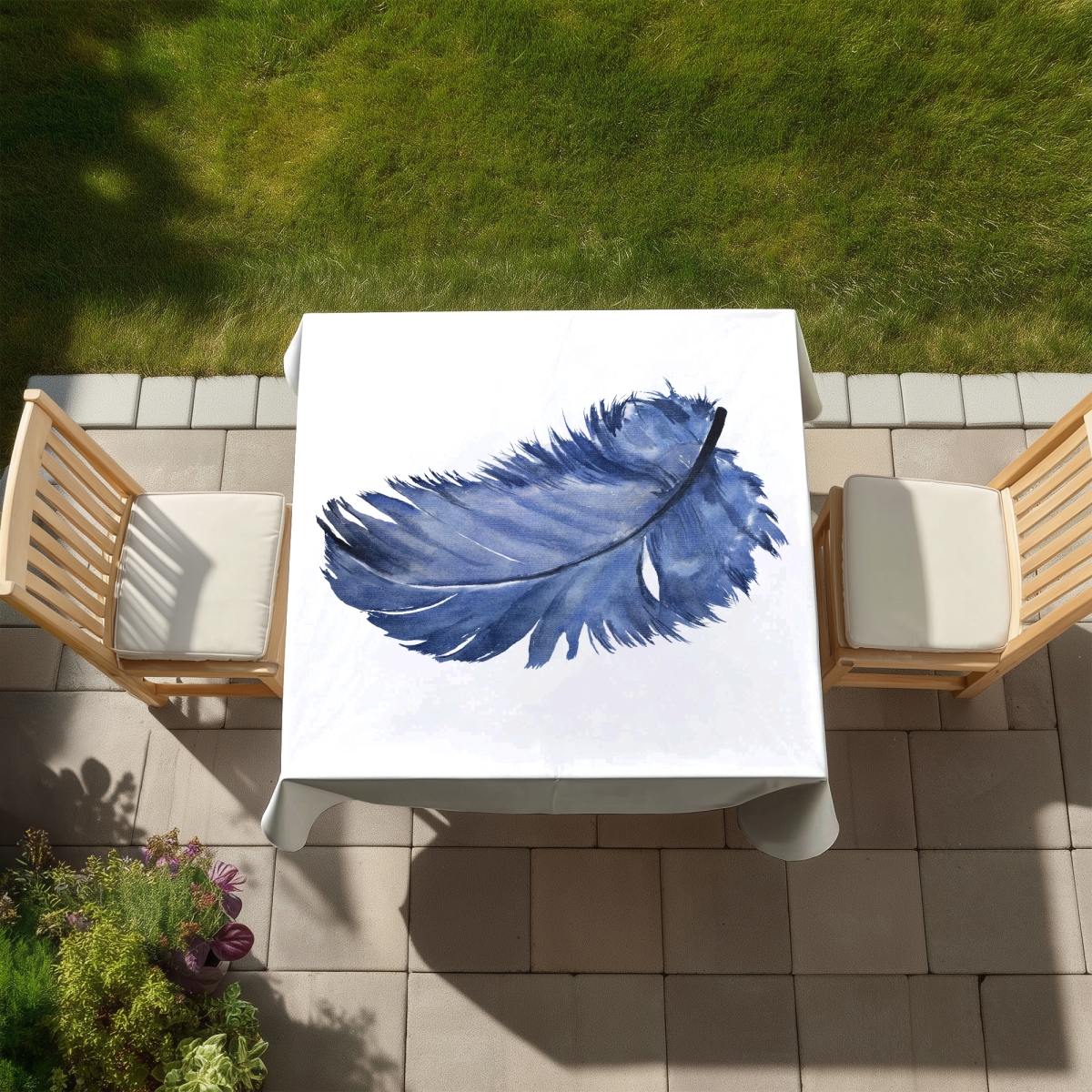 Picture of Begin Home Decor C1TC58581KAZ5T 58 x 58 in. Blue Bohemian Tablecloth - Watercolor Feather Home Decor