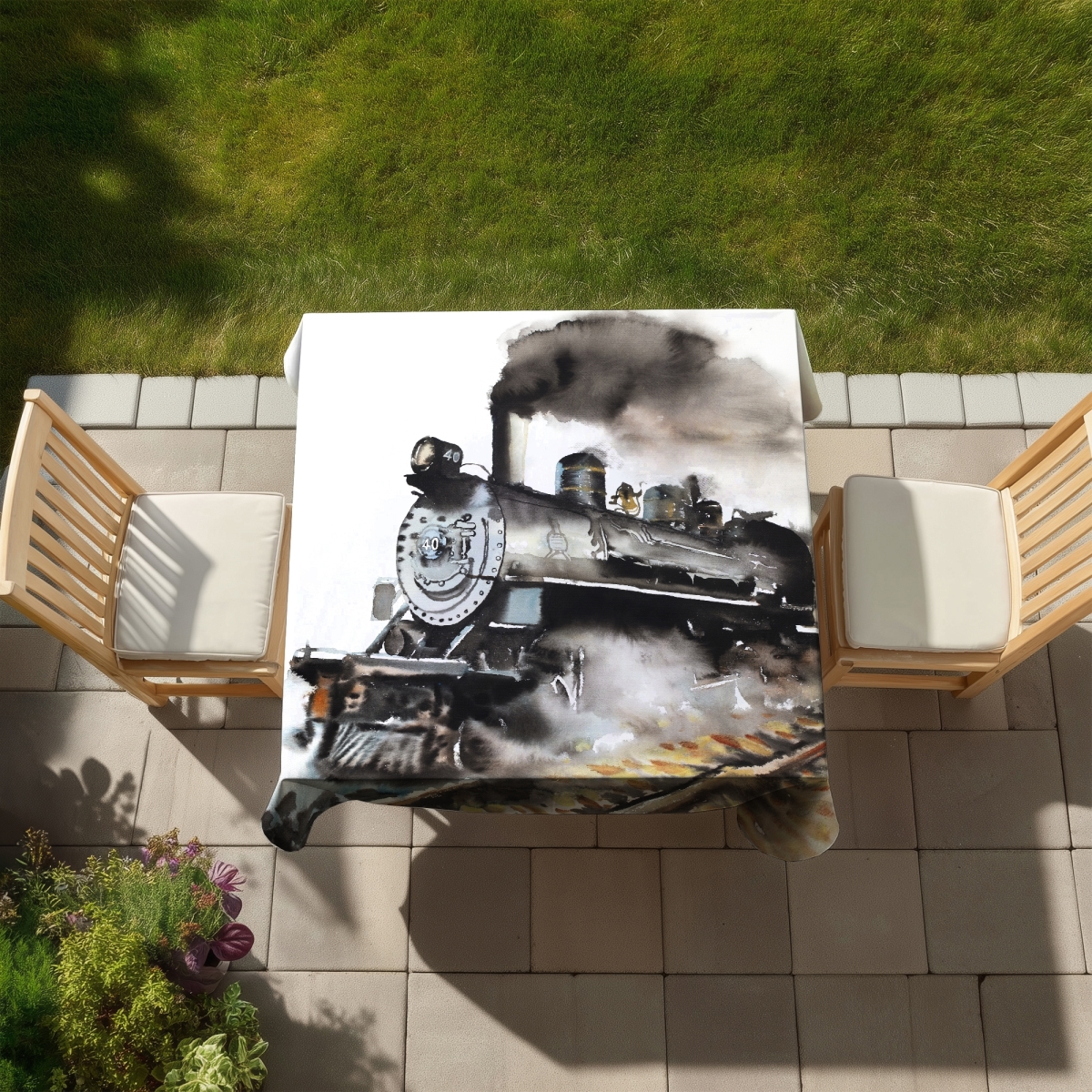 Picture of Begin Home Decor C1TC5858WLGZIR 58 x 58 in. Vintage Steam Train Industrial Gray Tablecloth - Indoor & Outdoor