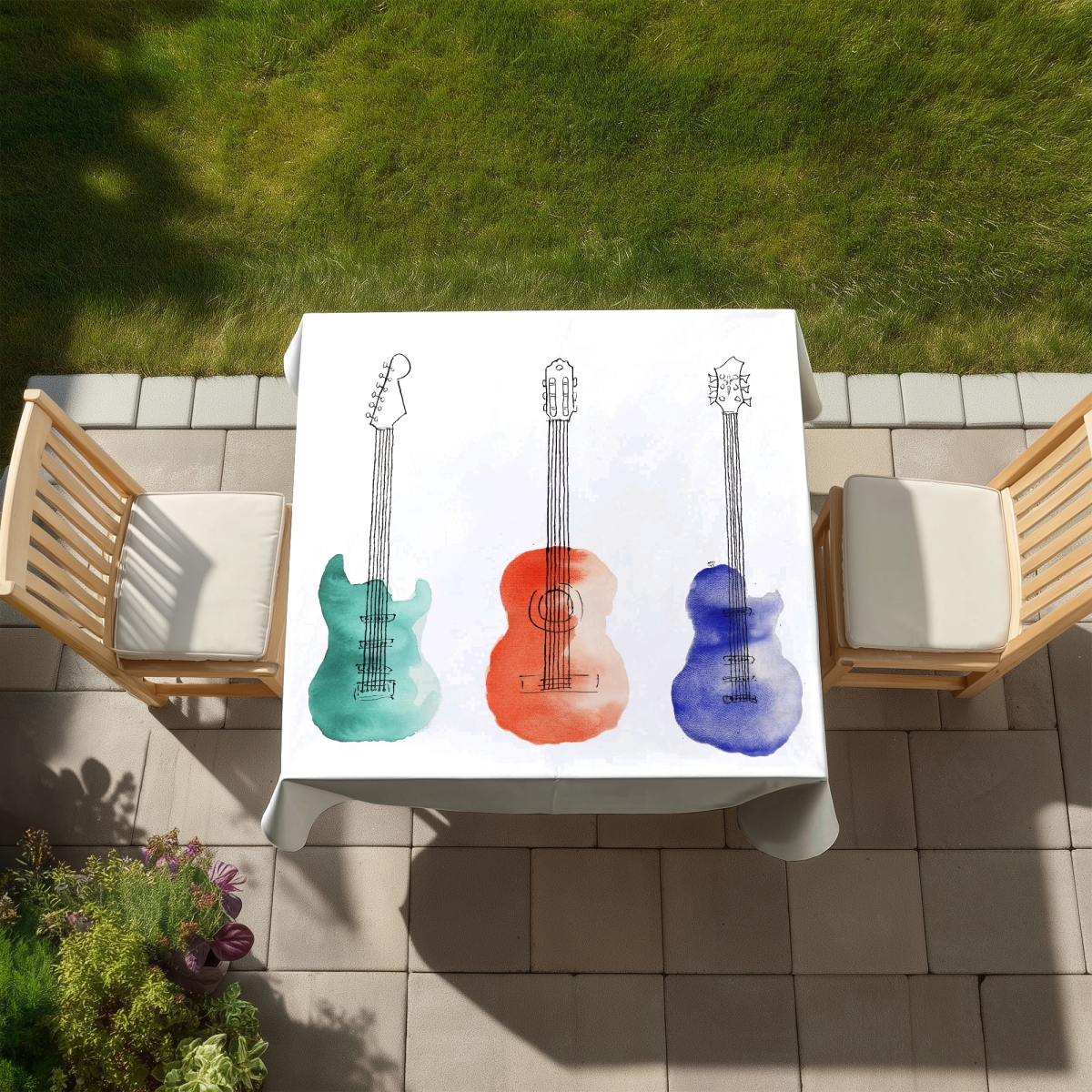 Picture of Begin Home Decor C1TC5858M0U93N 58 x 58 in. Three Guitars Blue Tablecloth - Indoor & Outdoor Home Decor