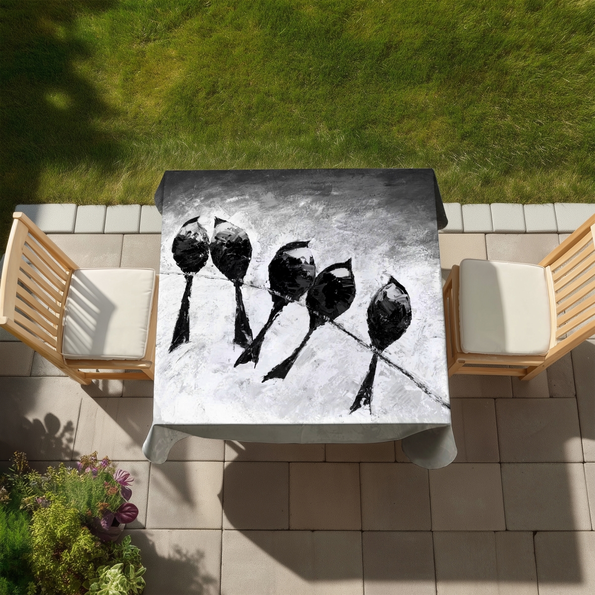 Picture of Begin Home Decor C1TC5858QI0TS4 58 x 58 in. Five Birds Tablecloth - White Bird Monochrome Decor