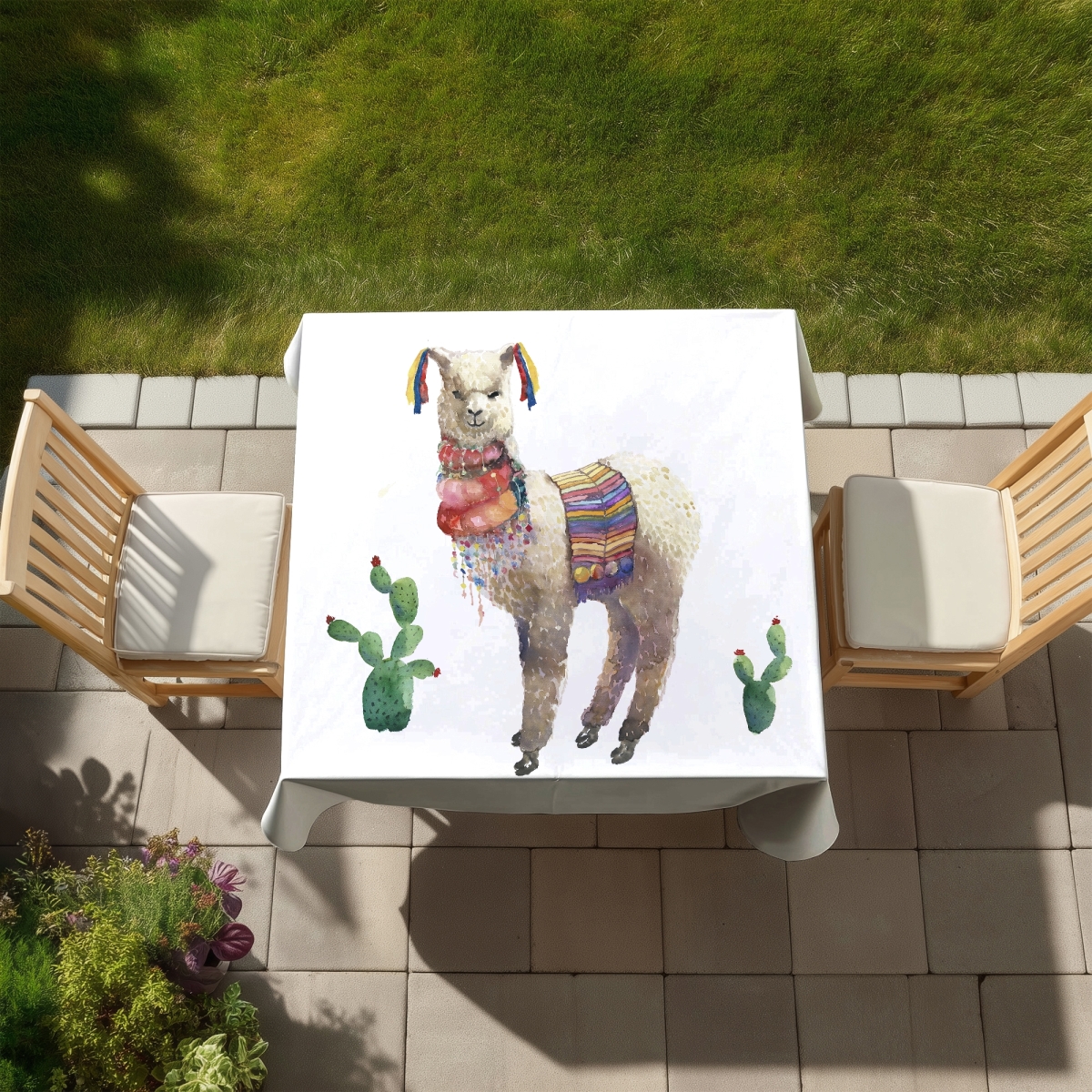 Picture of Begin Home Decor C1TC5858V9XMVZ 58 x 58 in. Lama Parade Tablecloth - Ethnic Bedroom Animals Home Decor