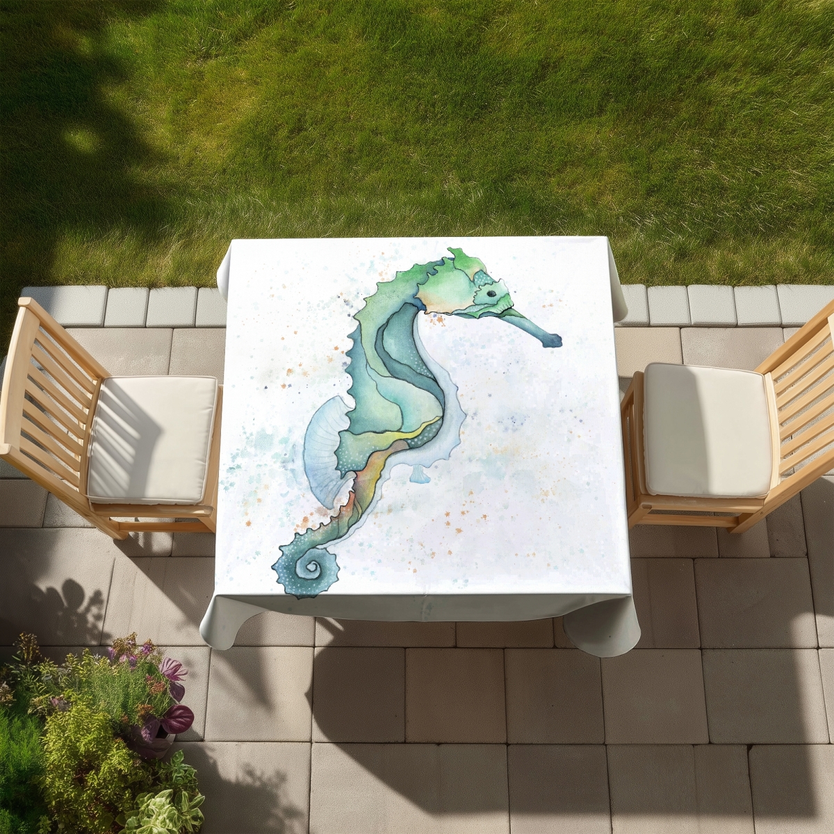 Picture of Begin Home Decor C1TC58585Z8AST 58 x 58 in. Exotic Turquoise Seahorse Tablecloth - Indoor & Outdoor Decor