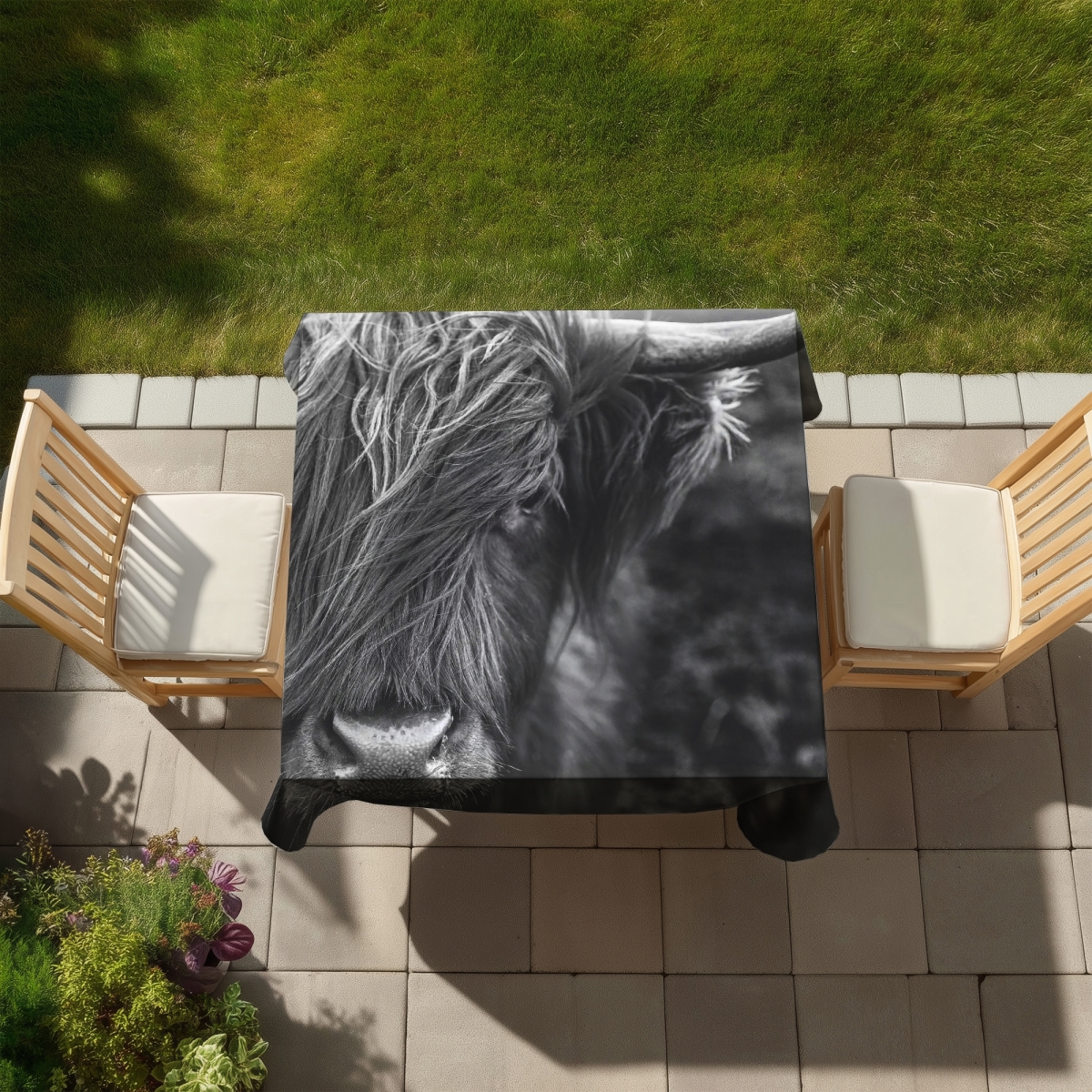 Picture of Begin Home Decor C1TC58581FTYF5 58 x 58 in. Monochrome Highland Cow Tablecloth - Farm Animal Home Decor