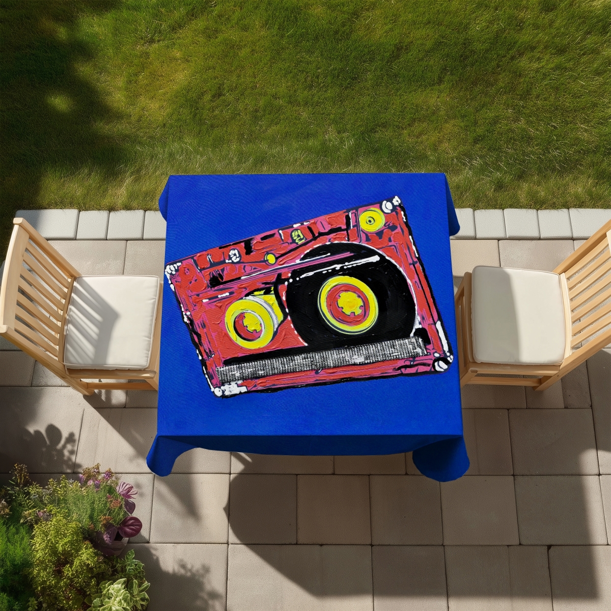Picture of Begin Home Decor C1TC58581TFRJT 58 x 58 in. Tape Player Tablecloth - Object Blue Indoor & Outdoor Decor