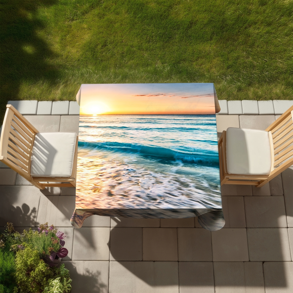 Picture of Begin Home Decor C1TC5858R85S2T 58 x 58 in. Teal Waves Tablecloth - Indoor Outdoor Home Decor Table Cover