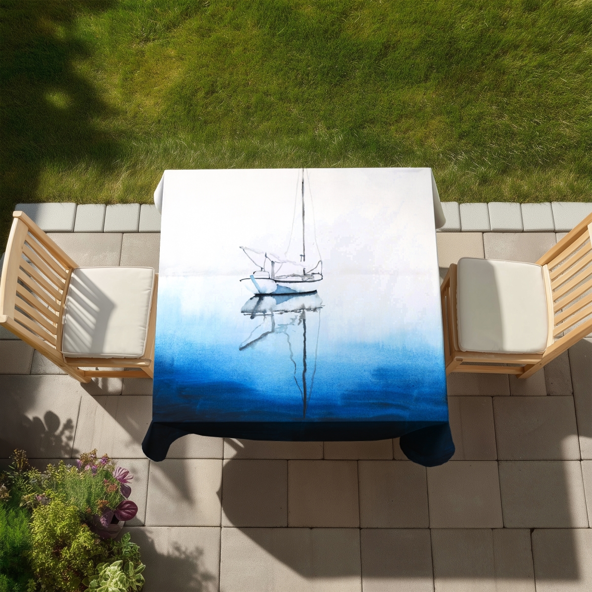 Picture of Begin Home Decor C1TC5858FWJQO5 58 x 58 in. Boat Bedroom Blue Tablecloth - White Boat on Deep Blue Water