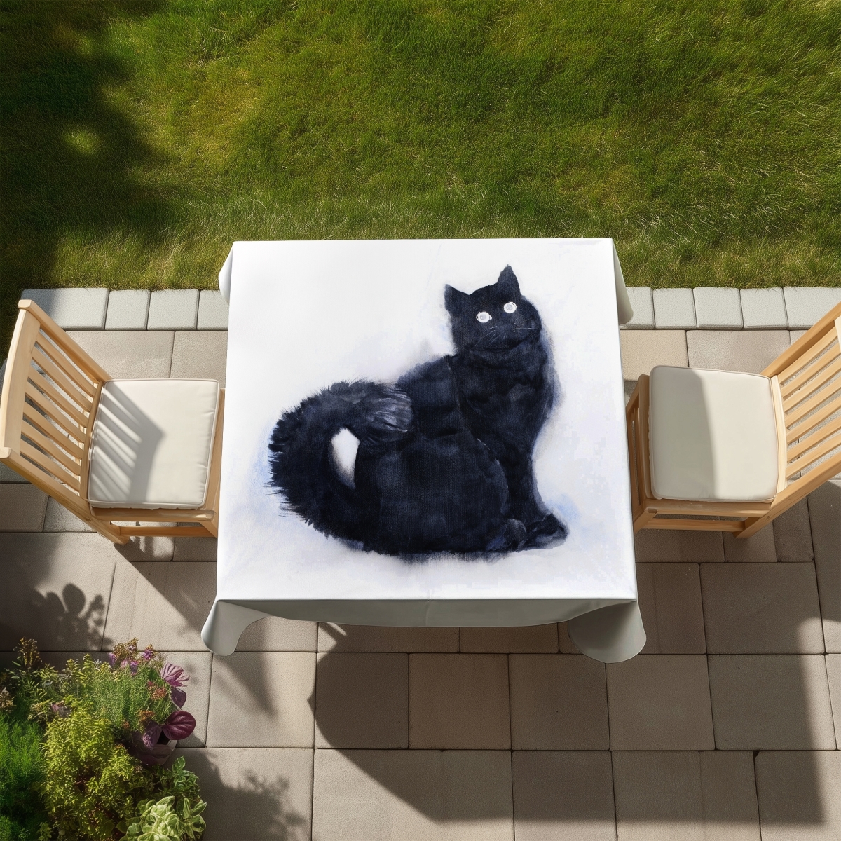 Picture of Begin Home Decor C1TC5858RLO0CG 58 x 58 in. Furry Black Watercolor Cat Tablecloth - Indoor & Outdoor Decor