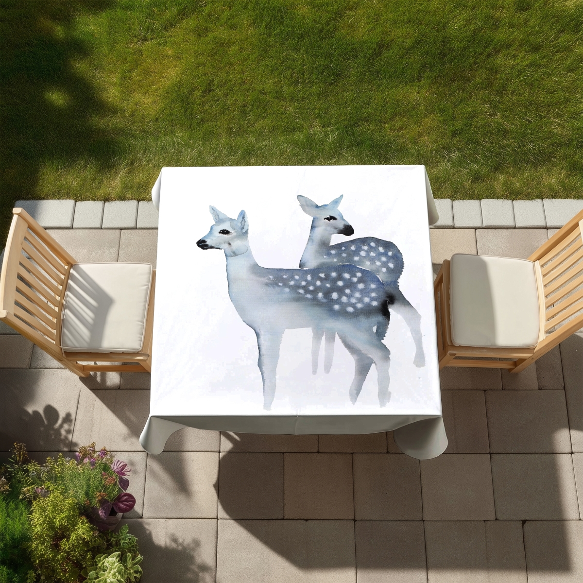 Picture of Begin Home Decor C1TC5858GNHPYM 58 x 58 in. Blue Fawns Deer Tablecloth - Indoor & Outdoor Home Decor